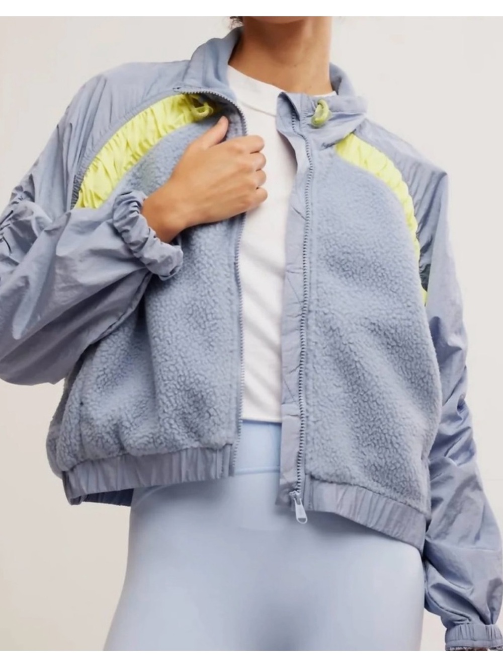 Free People Pale Blue Teddy Jacket with Neon Yellow Trim